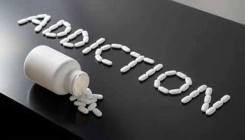 pills arranged to spell the word "addiction"
