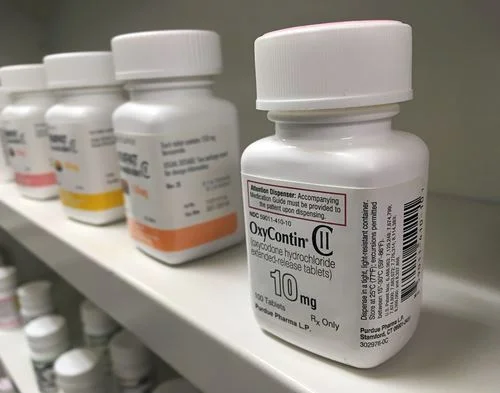 Prescription drugs on shelf in pharmacy