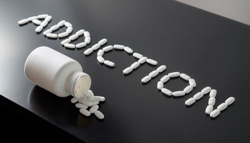 pills arranged to spell the word "addiction"