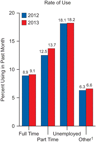 Past Month Illicit Drug Use among Persons Aged 18 or Older, by Employment Status: 2012 and 2013